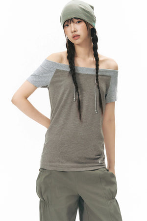 Off-Shoulder Striped Raglan T-Shirt