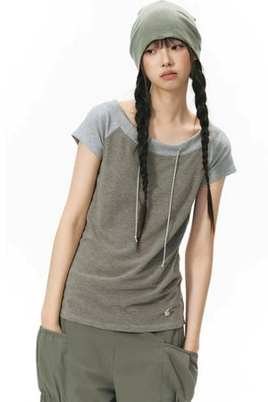 Off-Shoulder Striped Raglan T-Shirt