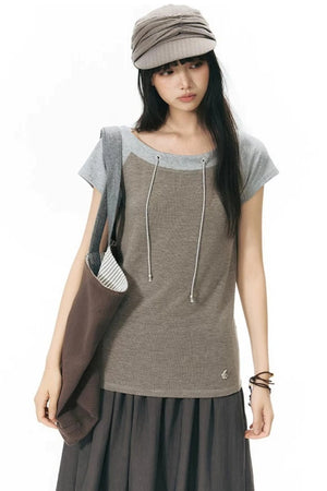 Off-Shoulder Striped Raglan T-Shirt