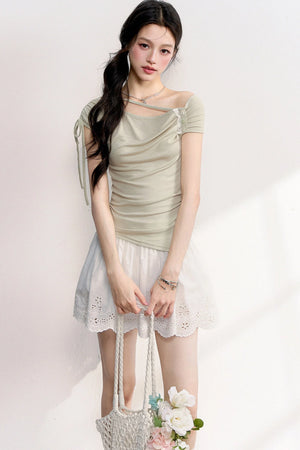 Off-Shoulder Tie Lace Trim Top