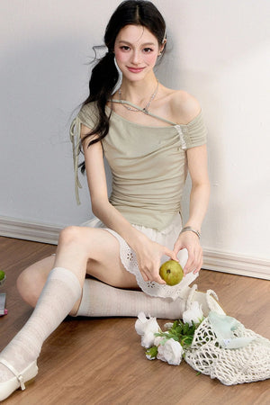 Off-Shoulder Tie Lace Trim Top