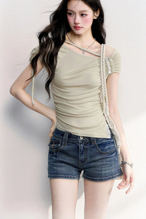 Off-Shoulder Tie Lace Trim Top