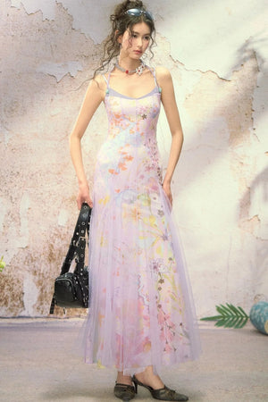 Oil Painting Print Organza Camisole Dress