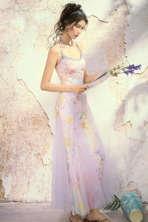 Oil Painting Print Organza Camisole Dress