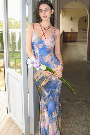 Oil Painting Print Wide Hem Halter Dress