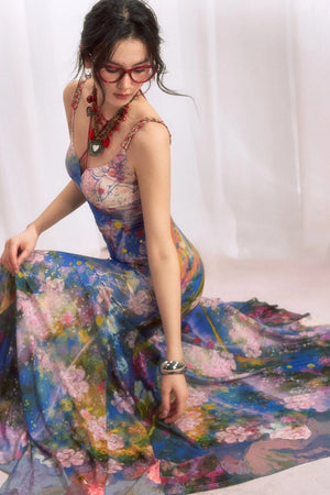 Oil Painting Print Wide Hem Halter Dress