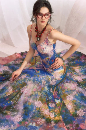 Oil Painting Print Wide Hem Halter Dress