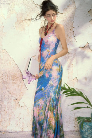 Oil Painting Print Wide Hem Halter Dress