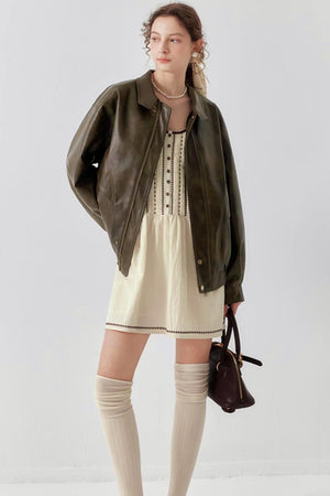 Oil Waxed Leather Jacket & Dress Set-Up