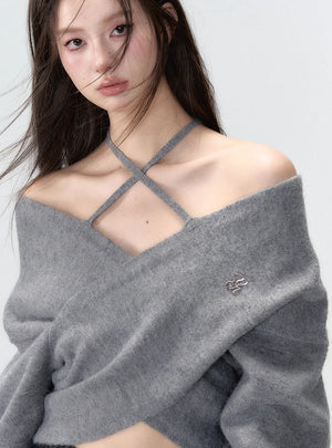 One-shoulder collarbone wool tops