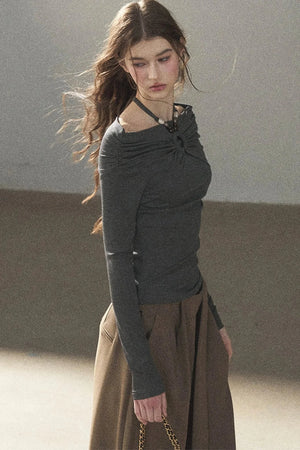 One-Shoulder Long-Sleeve Halter Blouse