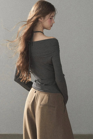 One-Shoulder Long-Sleeve Halter Blouse