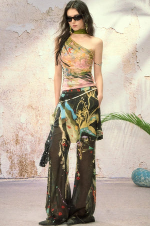 One Shoulder Oil Painting Mesh Top