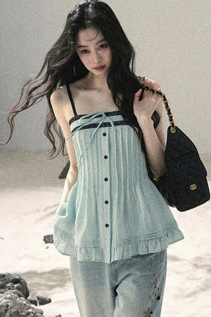One-Shoulder Ruched Lace Camisole