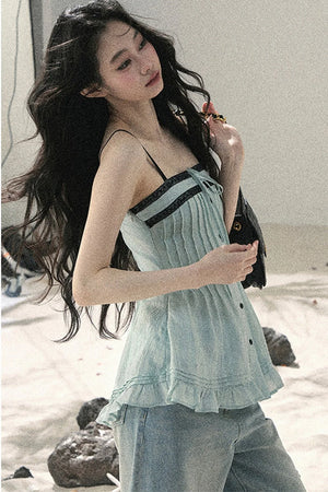 One-Shoulder Ruched Lace Camisole