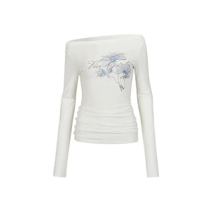 One-Shoulder Slanted Print Long-Sleeve Top