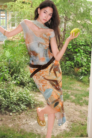 Orange Oil Painting Print Mesh Top and Skirt Set-Up