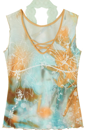 Orange Oil Painting Print Mesh Top and Skirt Set-Up