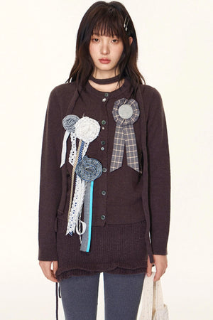 Original Lace-Up Crew Neck Cardigan Set-Up