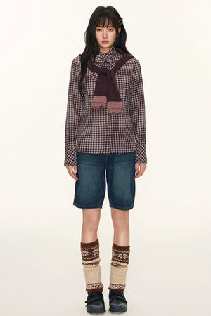 Original Plaid Embroidered Lace-Up Long Sleeve Shirt