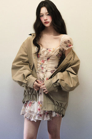 Oversized Khaki Green Black Lapel Jacket