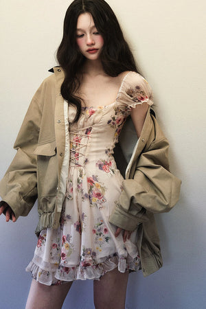 Oversized Khaki Green Black Lapel Jacket