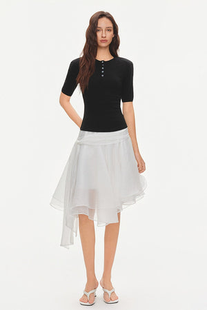Padded Shoulder Henley Knit Top