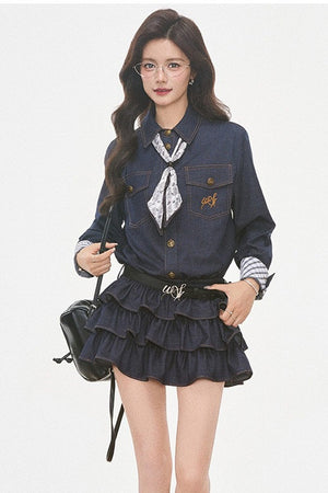 Paisley Scarf Denim-Look Shirt Tiered Dress Set-Up