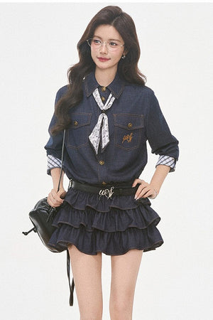 Paisley Scarf Denim-Look Shirt Tiered Dress Set-Up