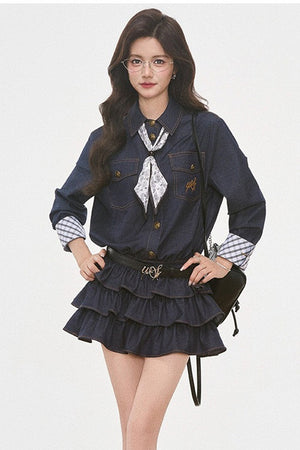 Paisley Scarf Denim-Look Shirt Tiered Dress Set-Up