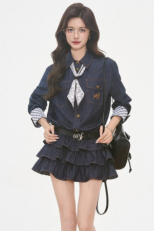 Paisley Scarf Denim-Look Shirt Tiered Dress Set-Up