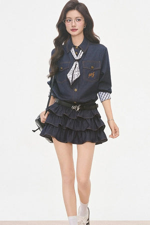 Paisley Scarf Denim-Look Shirt Tiered Dress Set-Up
