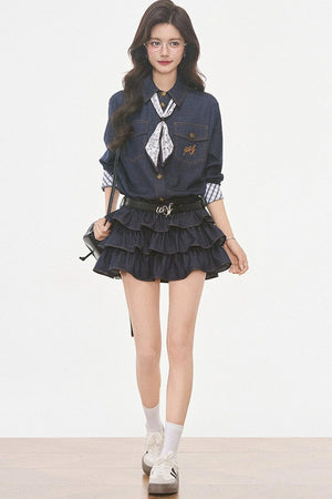 Paisley Scarf Denim-Look Shirt Tiered Dress Set-Up