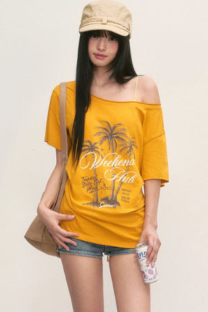 Palm Tree Graphic Off-Shoulder Lace-Up T-Shirt