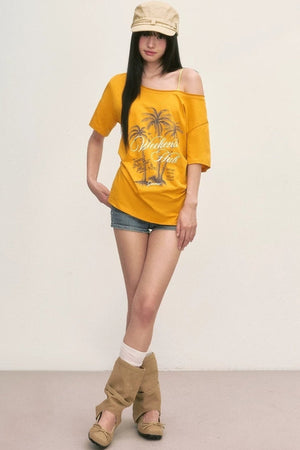 Palm Tree Graphic Off-Shoulder Lace-Up T-Shirt