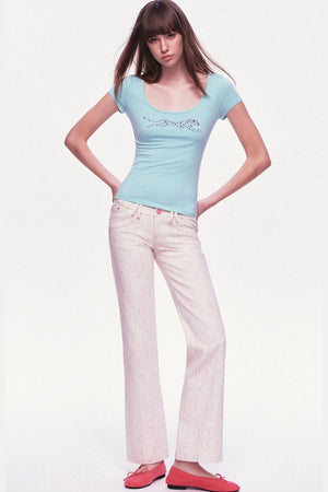Pastel Dot All-Cotton Low-Waist Flared Jeans