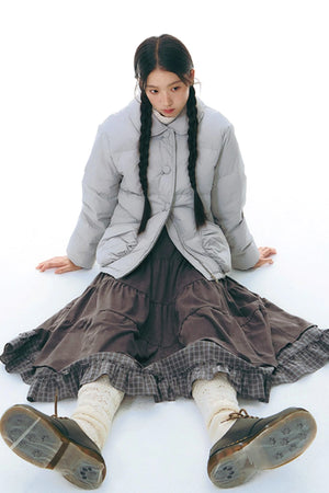 Patchwork Plaid Shirred Japanese Lace-Up Long Dress