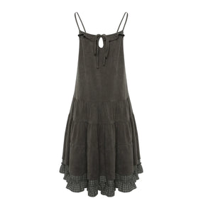 Patchwork Plaid Shirred Japanese Lace-Up Long Dress