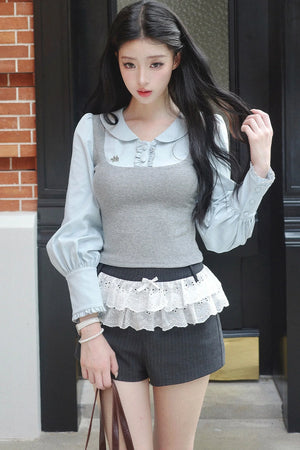Patchwork Puff Sleeve Top and Shorts Set-Up