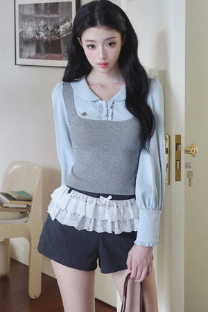 Patchwork Puff Sleeve Top and Shorts Set-Up