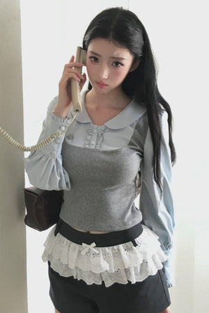 Patchwork Puff Sleeve Top and Shorts Set-Up