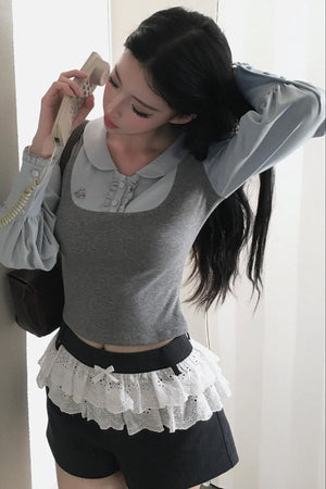 Patchwork Puff Sleeve Top and Shorts Set-Up