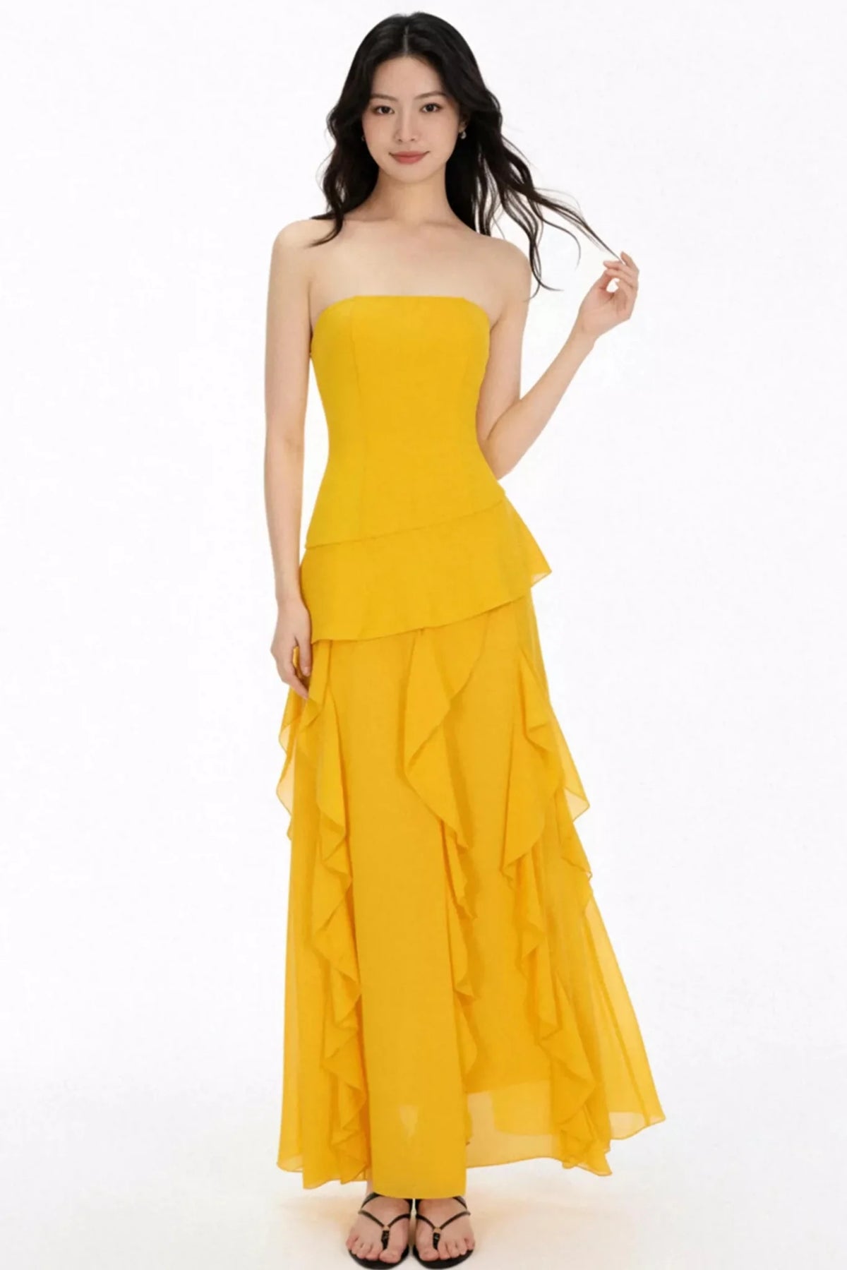 Patchwork Ruffled Strapless Dress