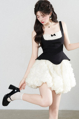 Patchwork Suspender Puffy A-Line Dress