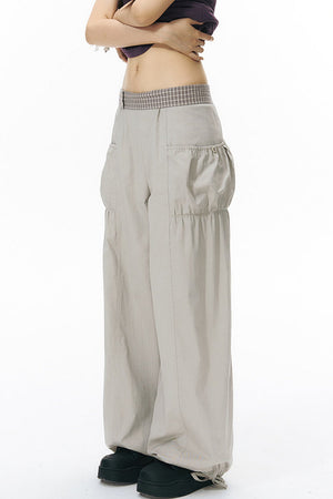 Patchwork Waistband Pocket Wide-Leg Cargo Pants