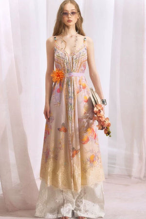 Peach Branch Print Chiffon Maxi Dress