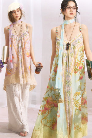 Peach Branch Print Chiffon Maxi Dress