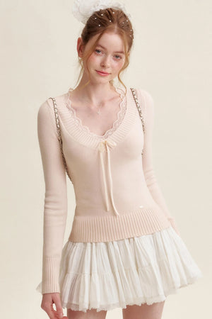 Peach Lace Sweater Tops