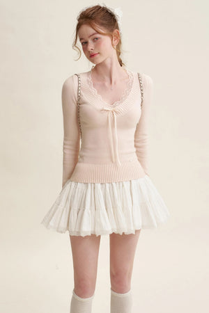 Peach Lace Sweater Tops