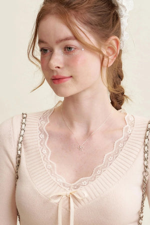 Peach Lace Sweater Tops